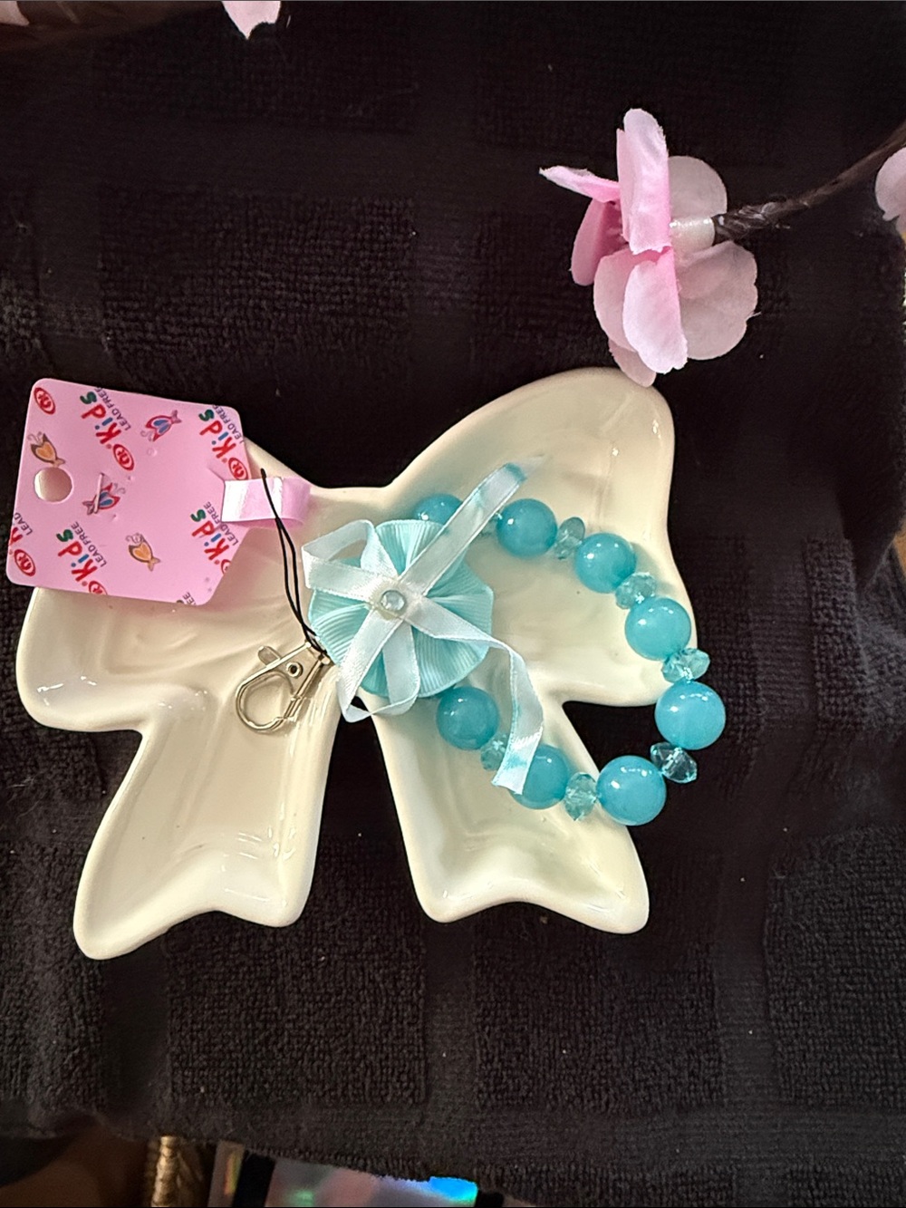 Kids Aqua Beaded Bracelet Keychain with Ribbon Flower